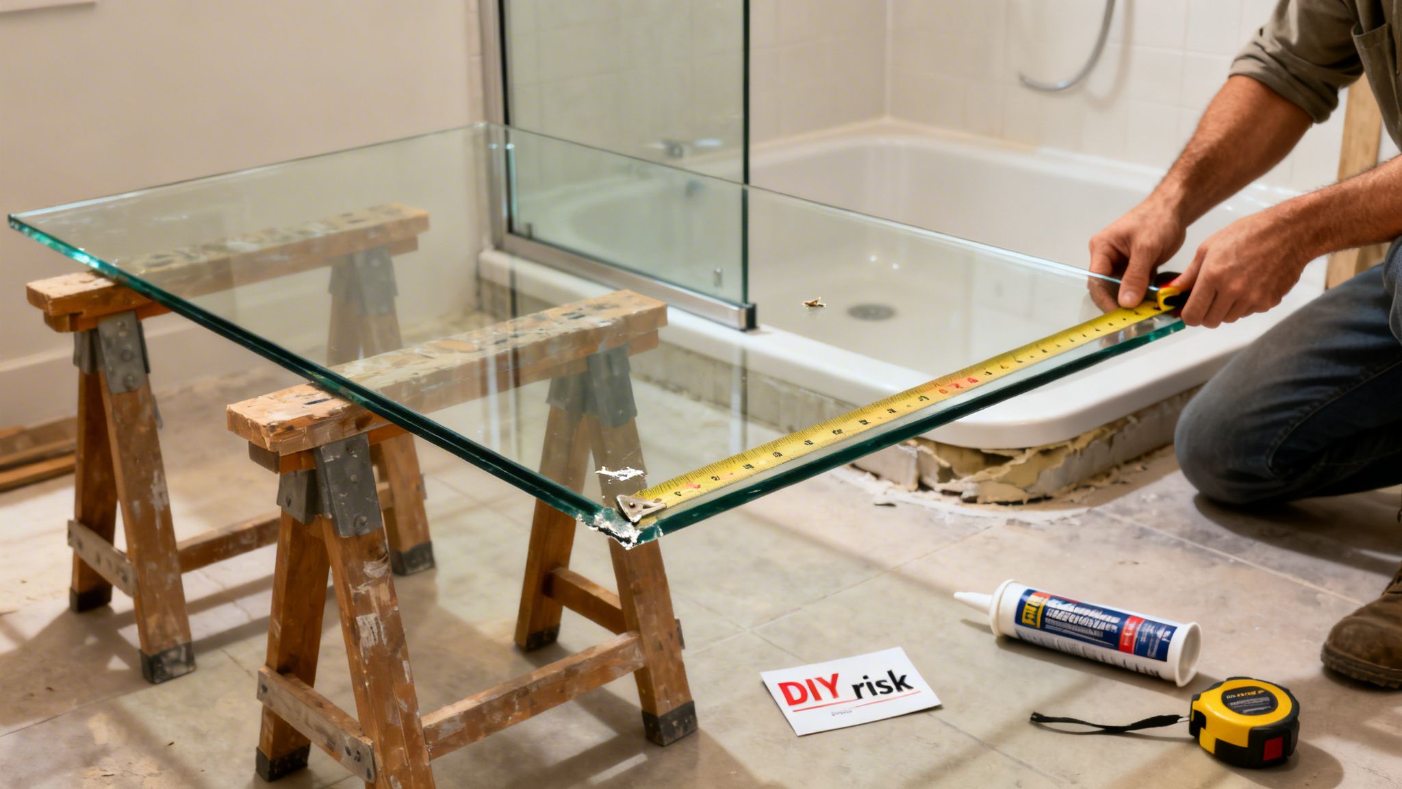 A person measures a large frameless glass panel for a shower door installation in a bathroom under renovation.