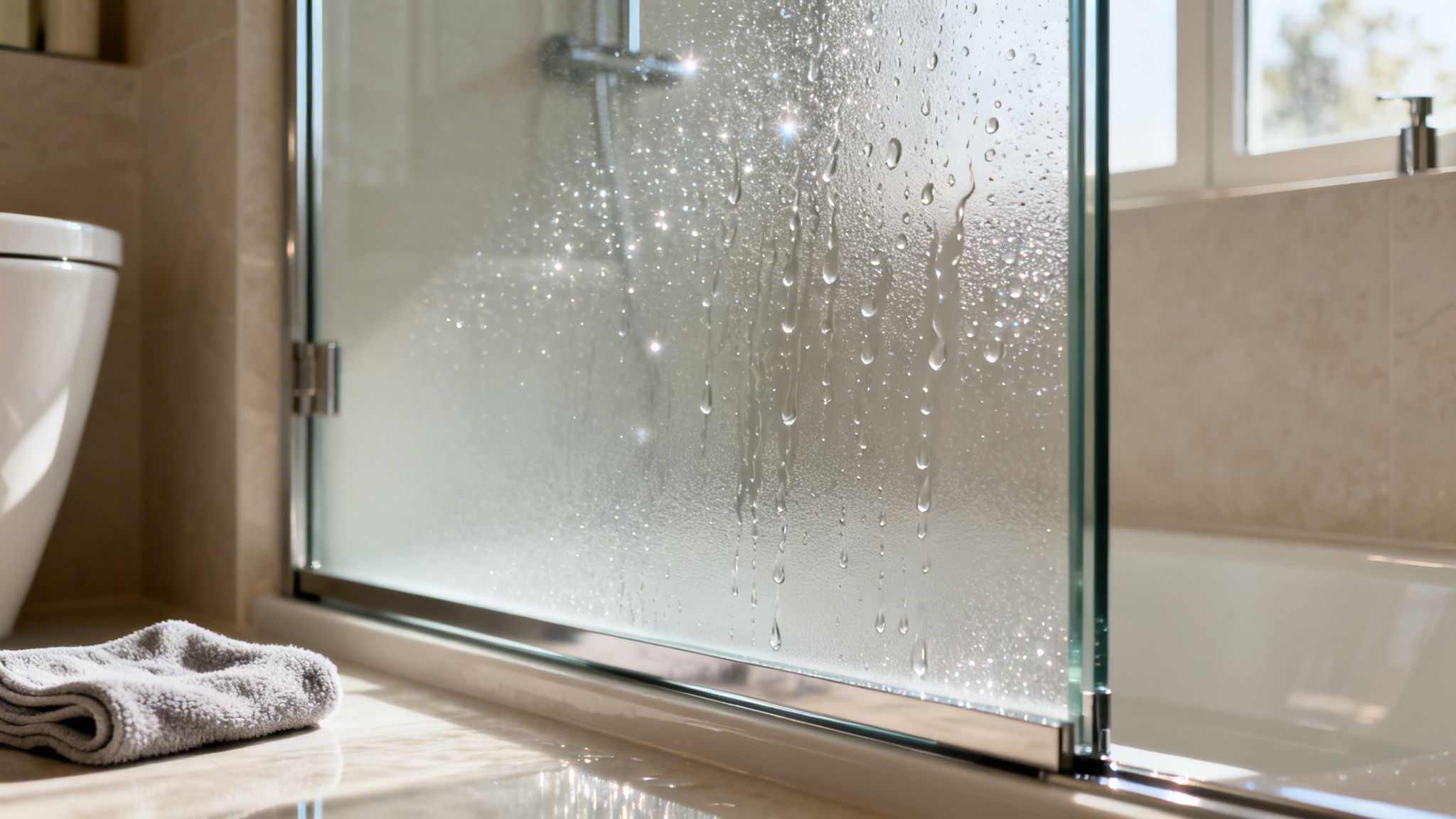 Close-up of a sparkling frosted glass sliding shower door with water droplets and a gray towel.
