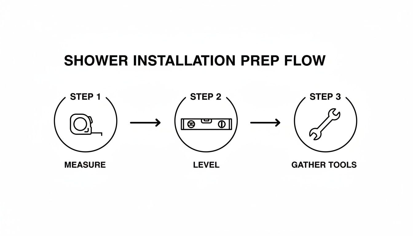 A workflow diagram illustrates three steps for shower installation preparation: measure, level, and gather tools.