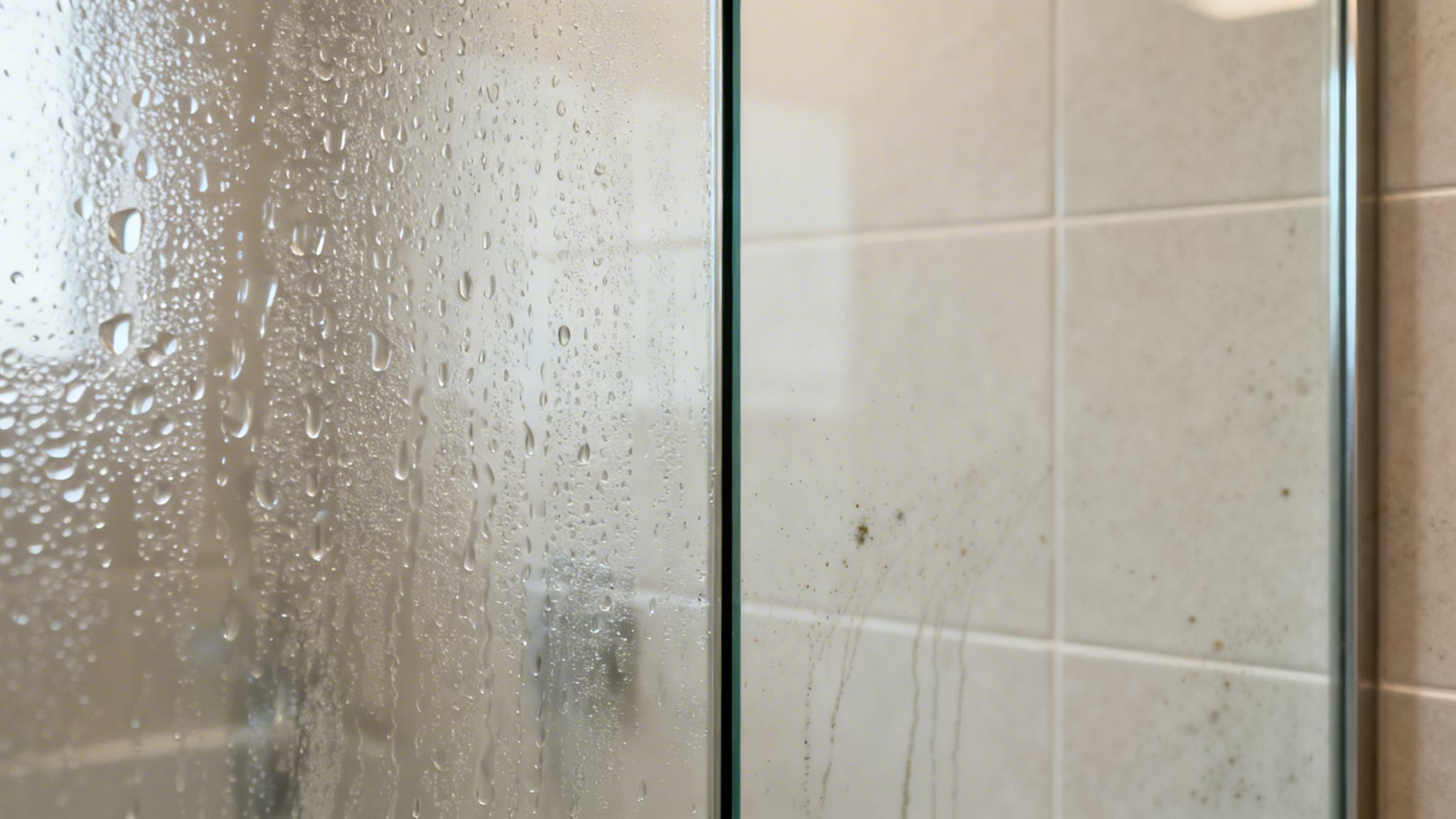 Condensation on a glass shower door contrasting with a dirty, tiled bathroom wall.