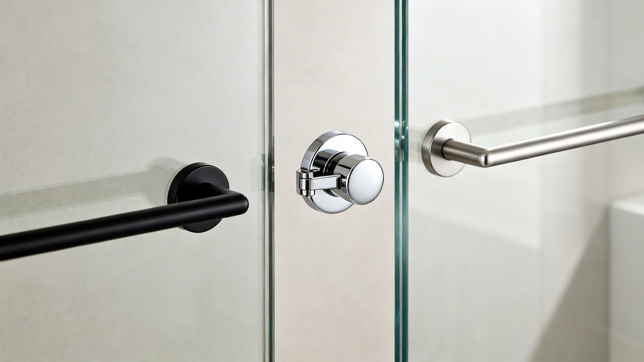 Three different styles of shower door handles mounted on clear glass panels in a bathroom.