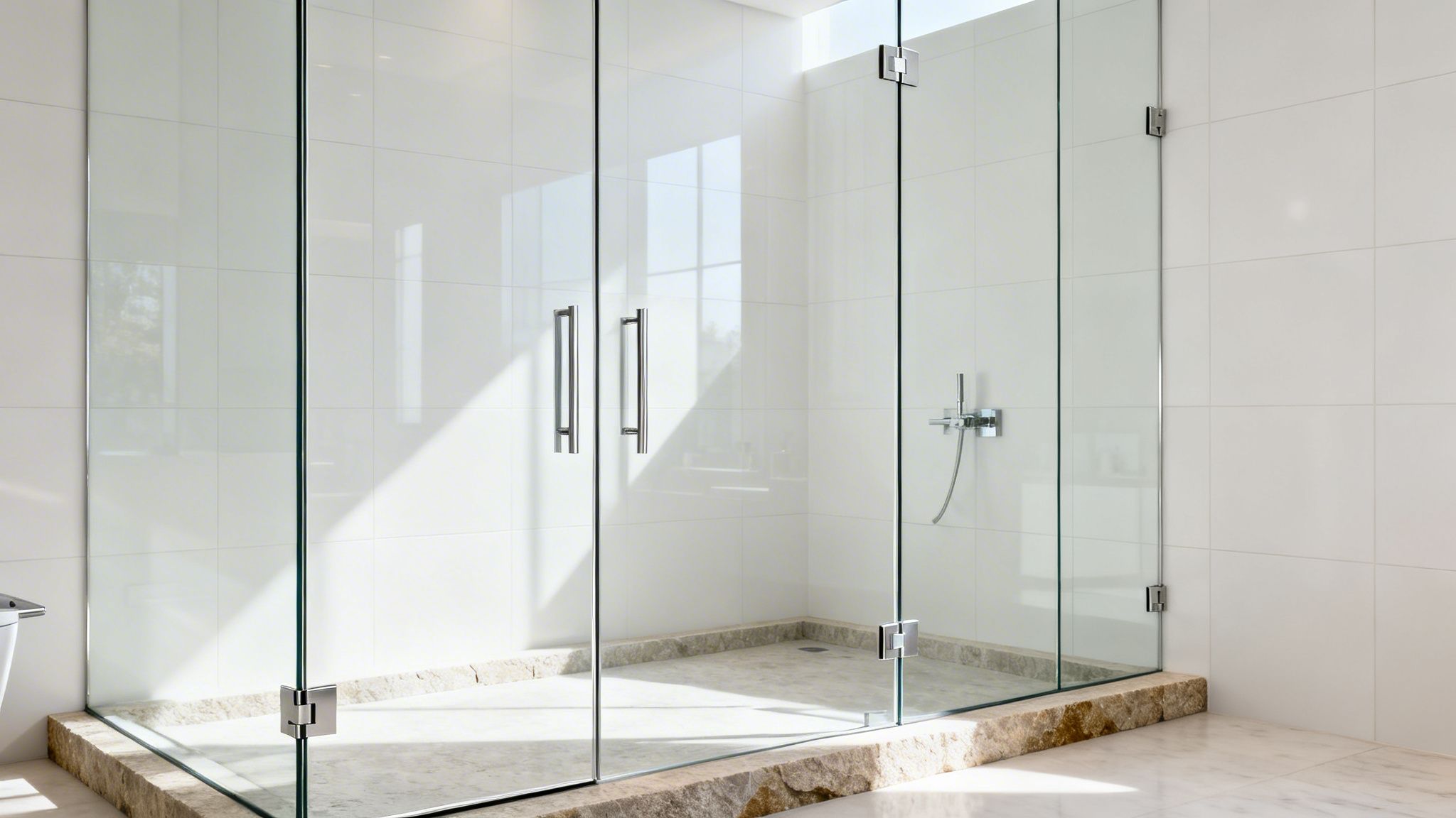 A modern frameless glass shower enclosure with chrome hardware in a bright, tiled bathroom.