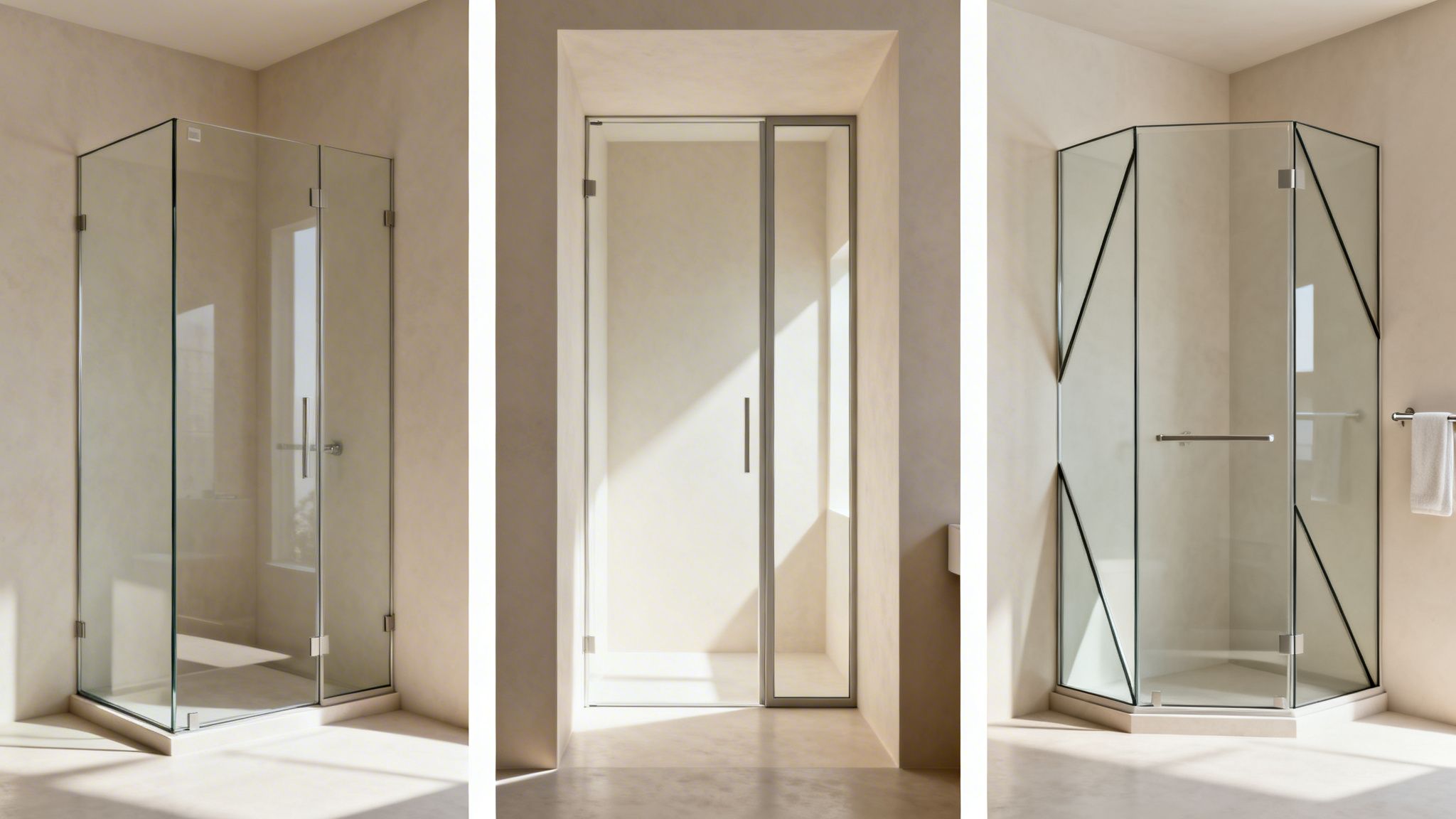 Three modern glass shower enclosures in different styles, showcasing frameless and framed designs.