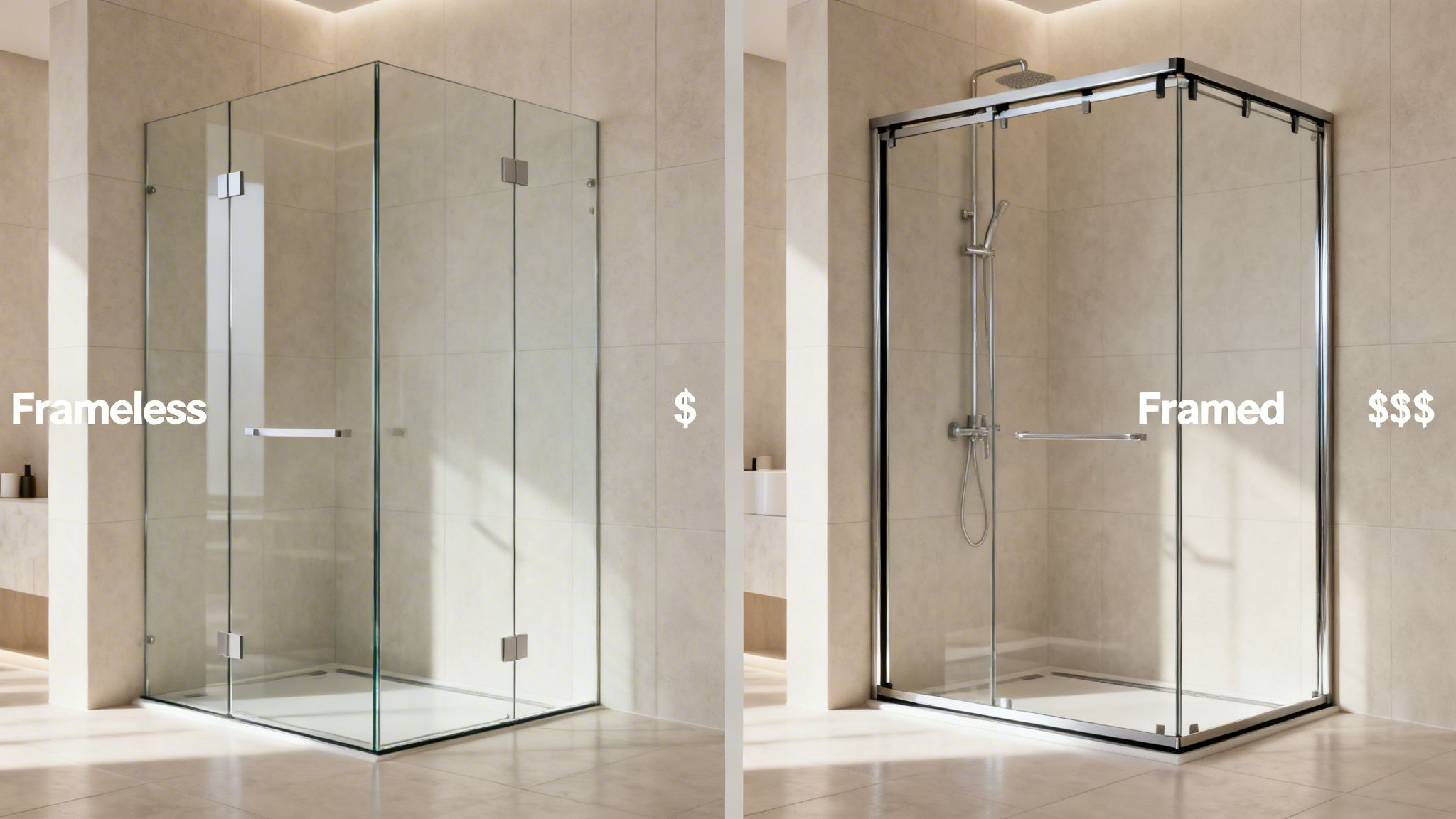 Comparison of two shower enclosures: frameless glass on the left and framed glass on the right, showing price difference.