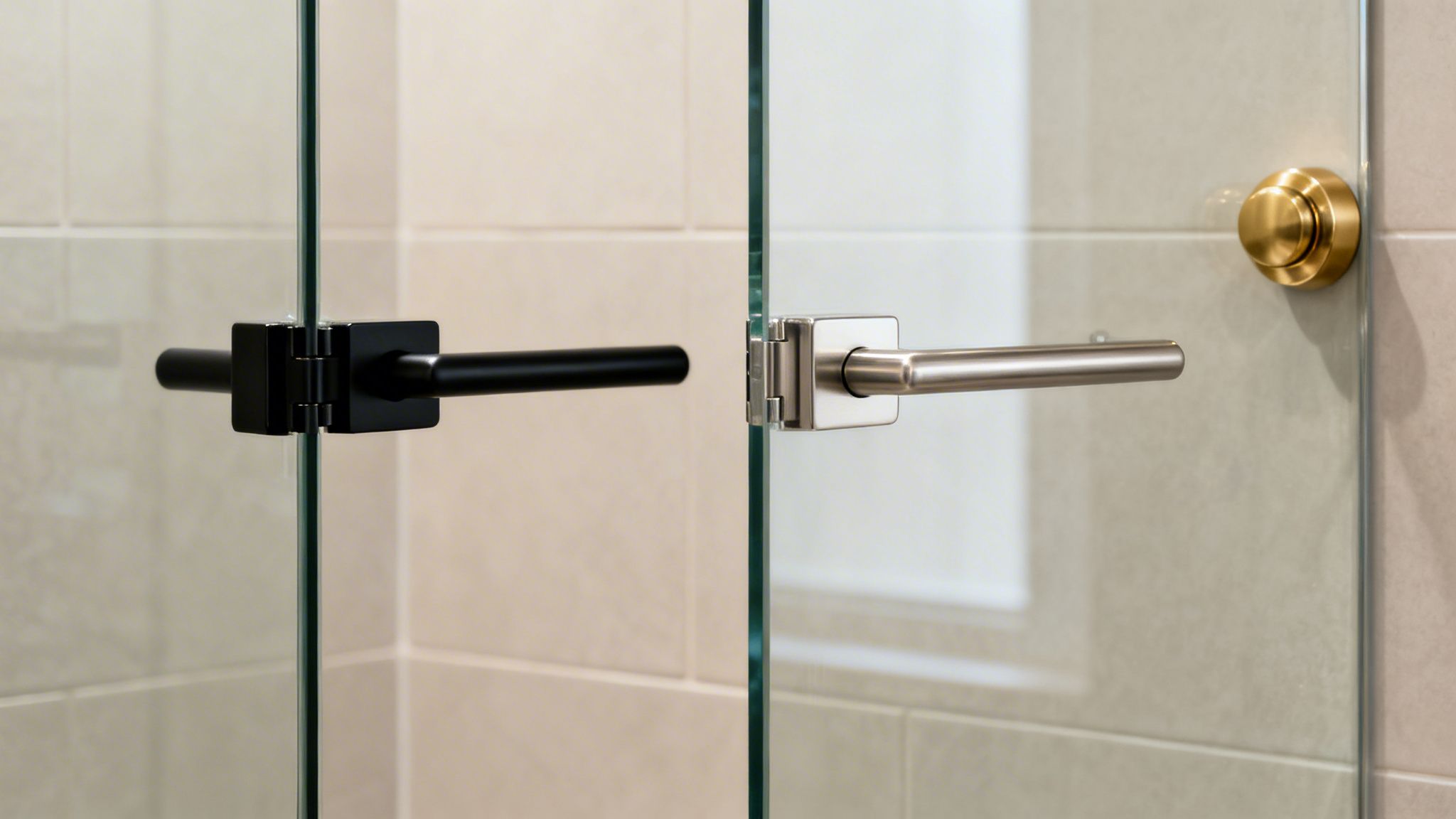 Close-up of glass shower doors with contrasting black and brushed nickel handles and a brass door stop.