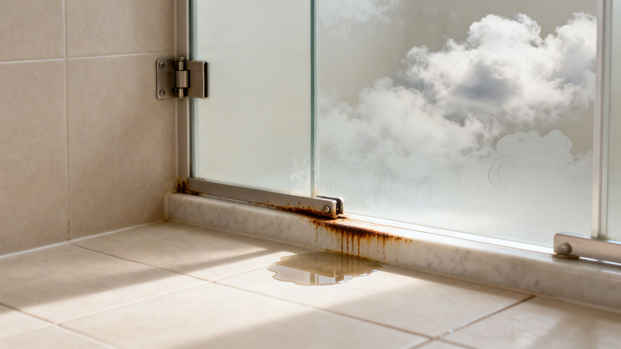 Close-up of a severely rusted shower door frame with a noticeable water puddle on the tiled floor, indicating a leak.