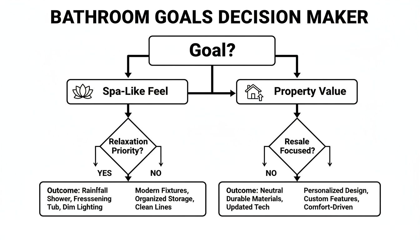 Flowchart diagram outlining bathroom renovation goals for spa-like feel or property value, with outcomes.