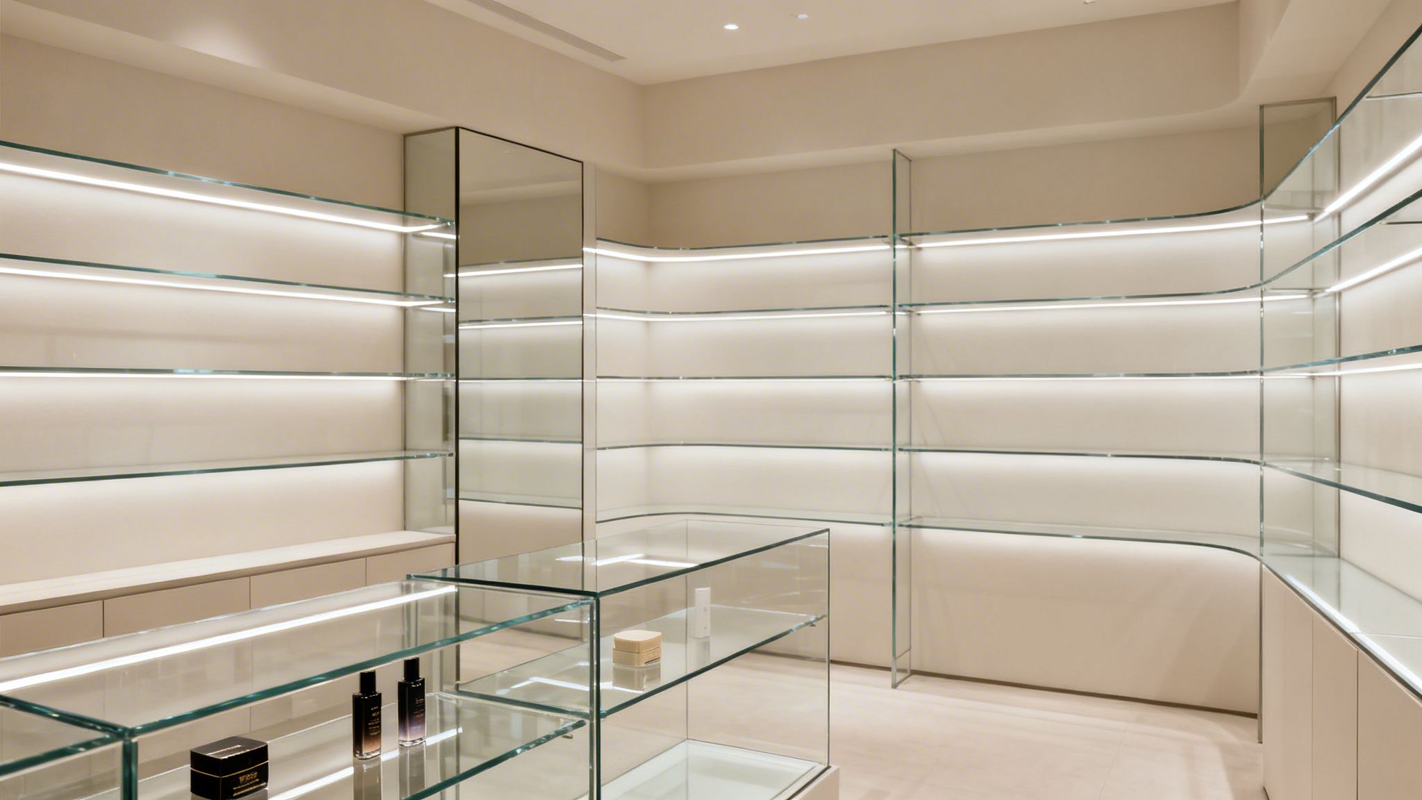Bright, modern retail store interior with illuminated glass shelves and sleek curved display cases.