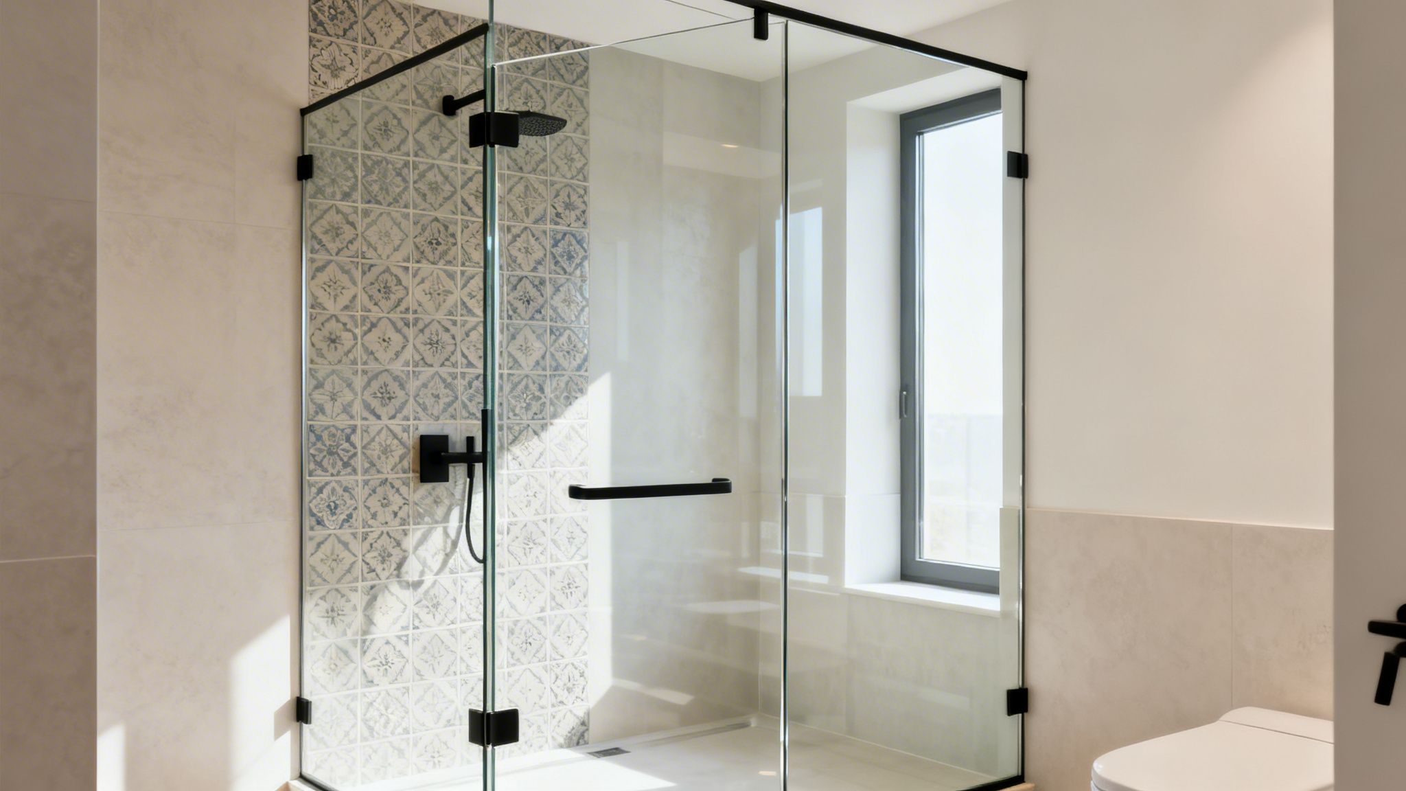 Sleek glass shower enclosure with black hardware and patterned tiles in a modern bathroom.