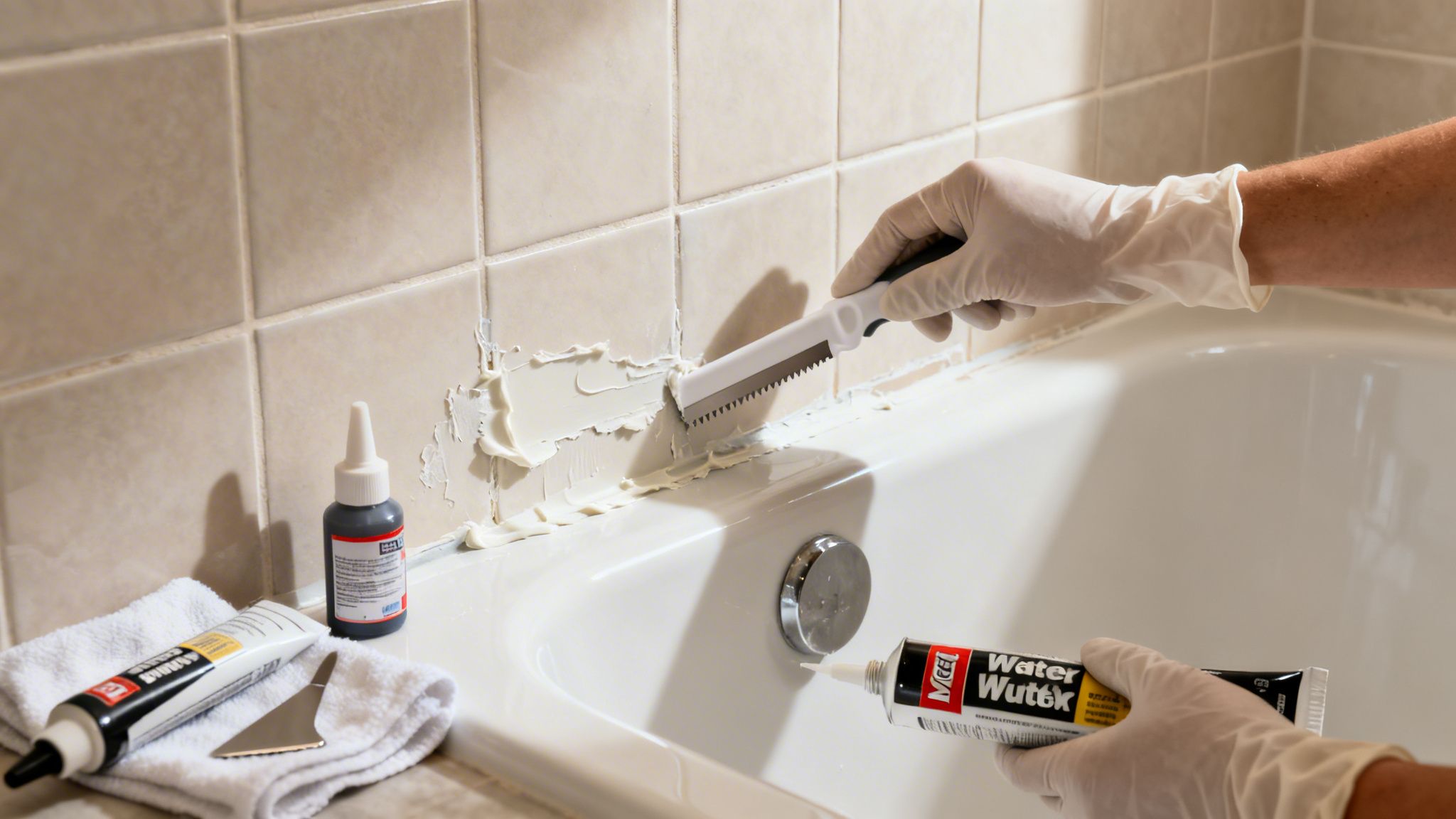 Gloved hands work on removing old caulk from a bathtub edge with a scraper tool.