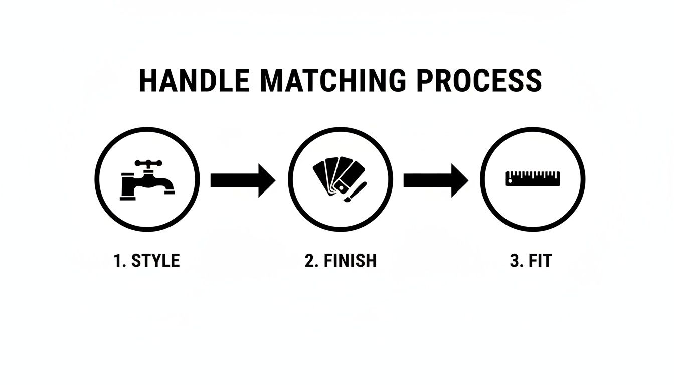 A simple diagram illustrating the three steps of the handle matching process: style (faucet), finish (swatches), and fit (ruler).