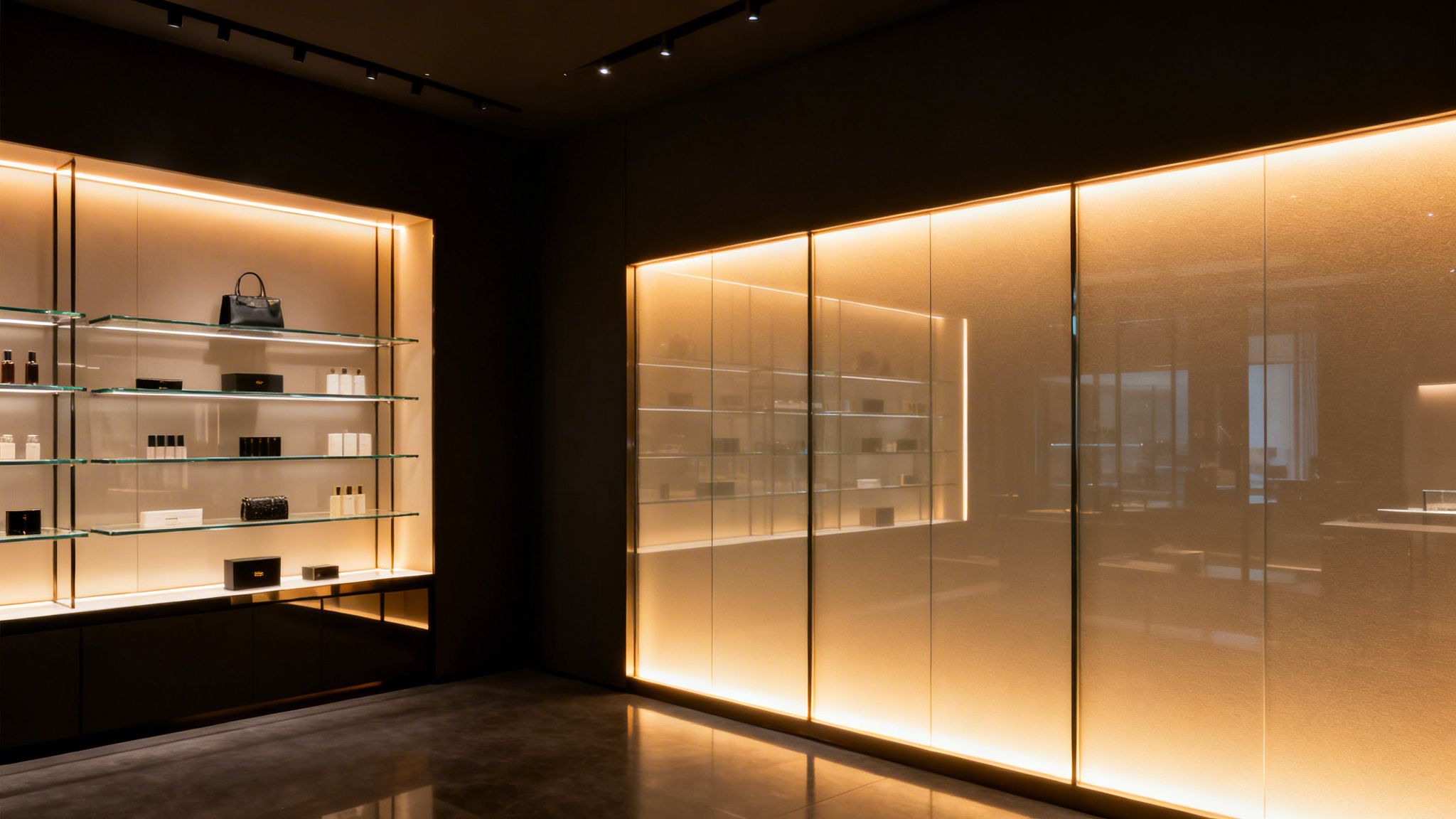 A modern retail store interior with dark walls and illuminated display shelves showcasing various products.