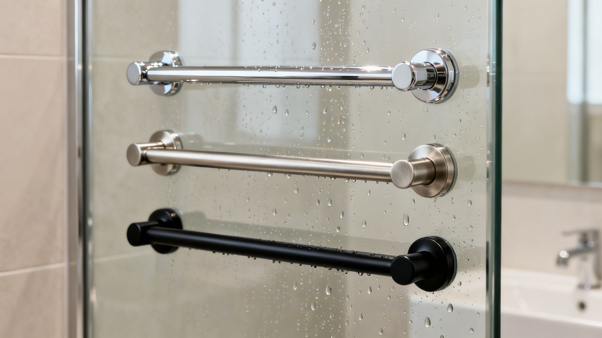 Three sleek towel bars in chrome, brushed nickel, and matte black on a wet glass shower door.