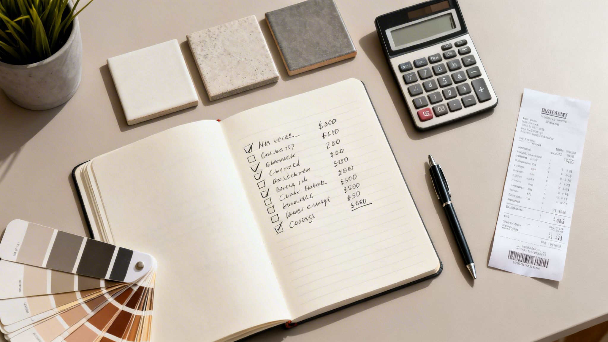Flat lay of bathroom remodel planning essentials: notebook, calculator, tiles, and color palette.
