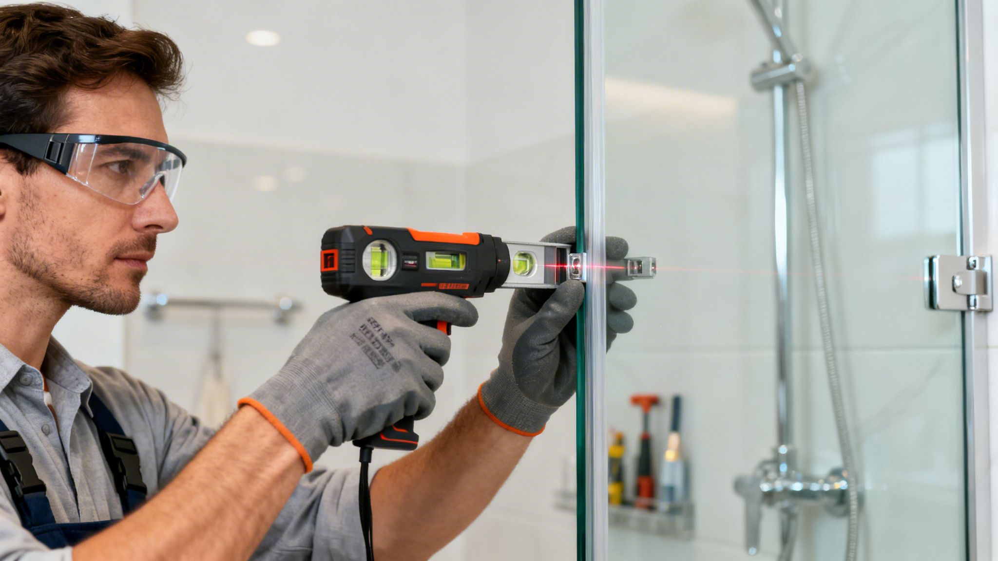 Professional handyman installing a clear glass shower door with a laser level for precision.