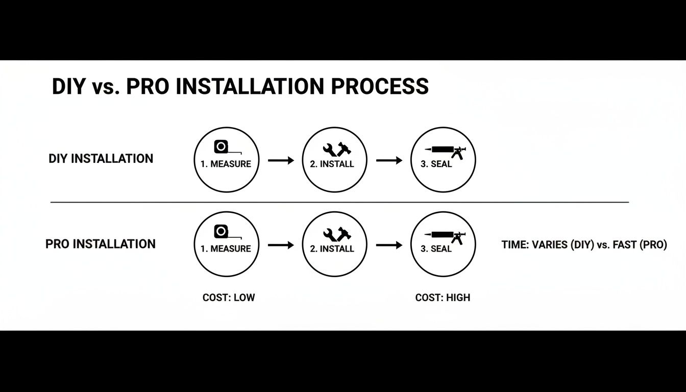 A flowchart comparing DIY and professional installation processes, highlighting steps, time, and cost.