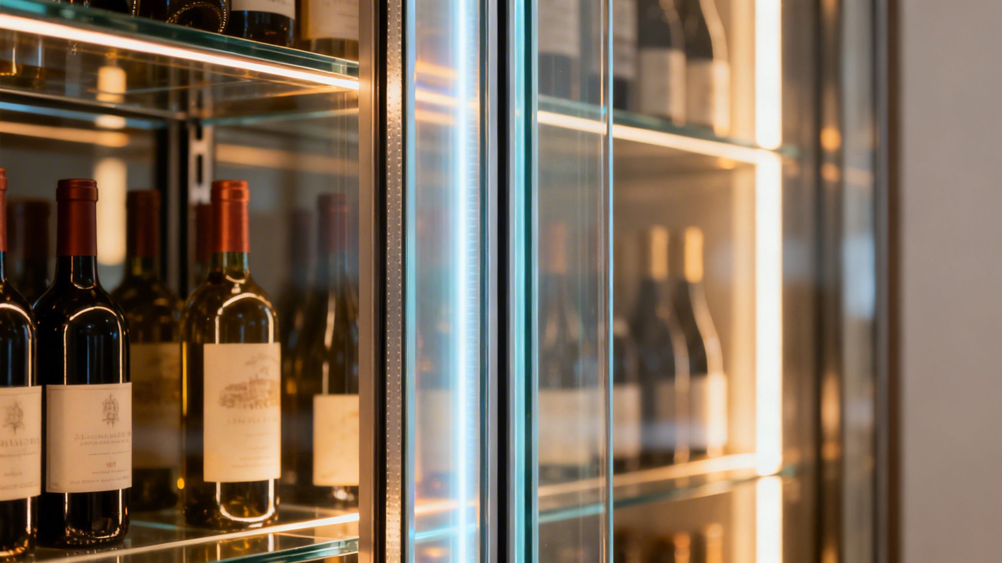 Close-up of numerous wine bottles stored in a modern, illuminated glass wine cellar with sleek doors.