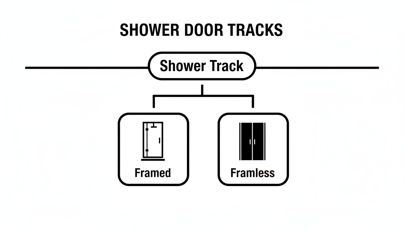 Diagram illustrating shower door track types, showing framed and frameless options.