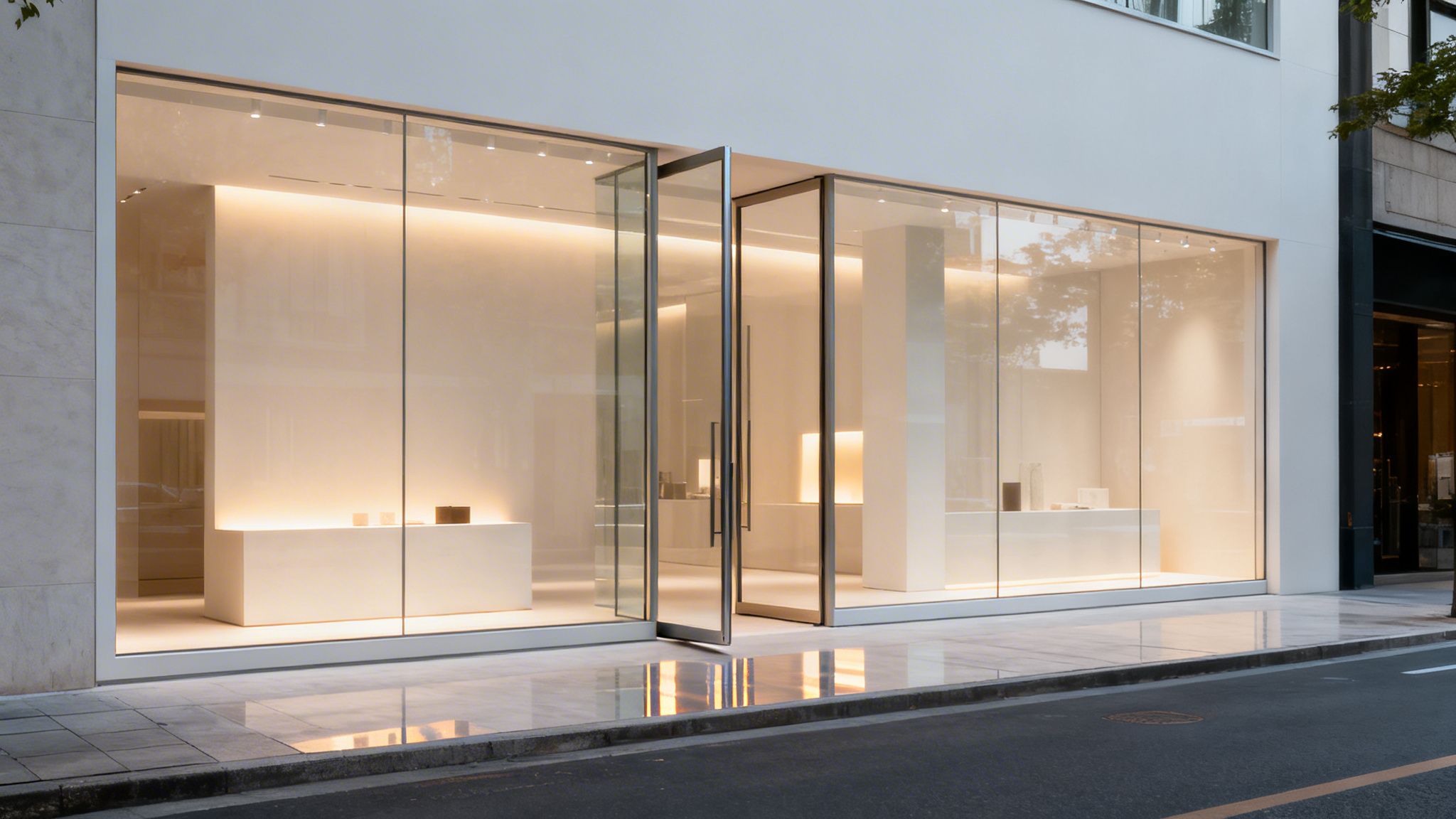 A sleek modern retail store with large glass windows and illuminated interior displays on a clean street.