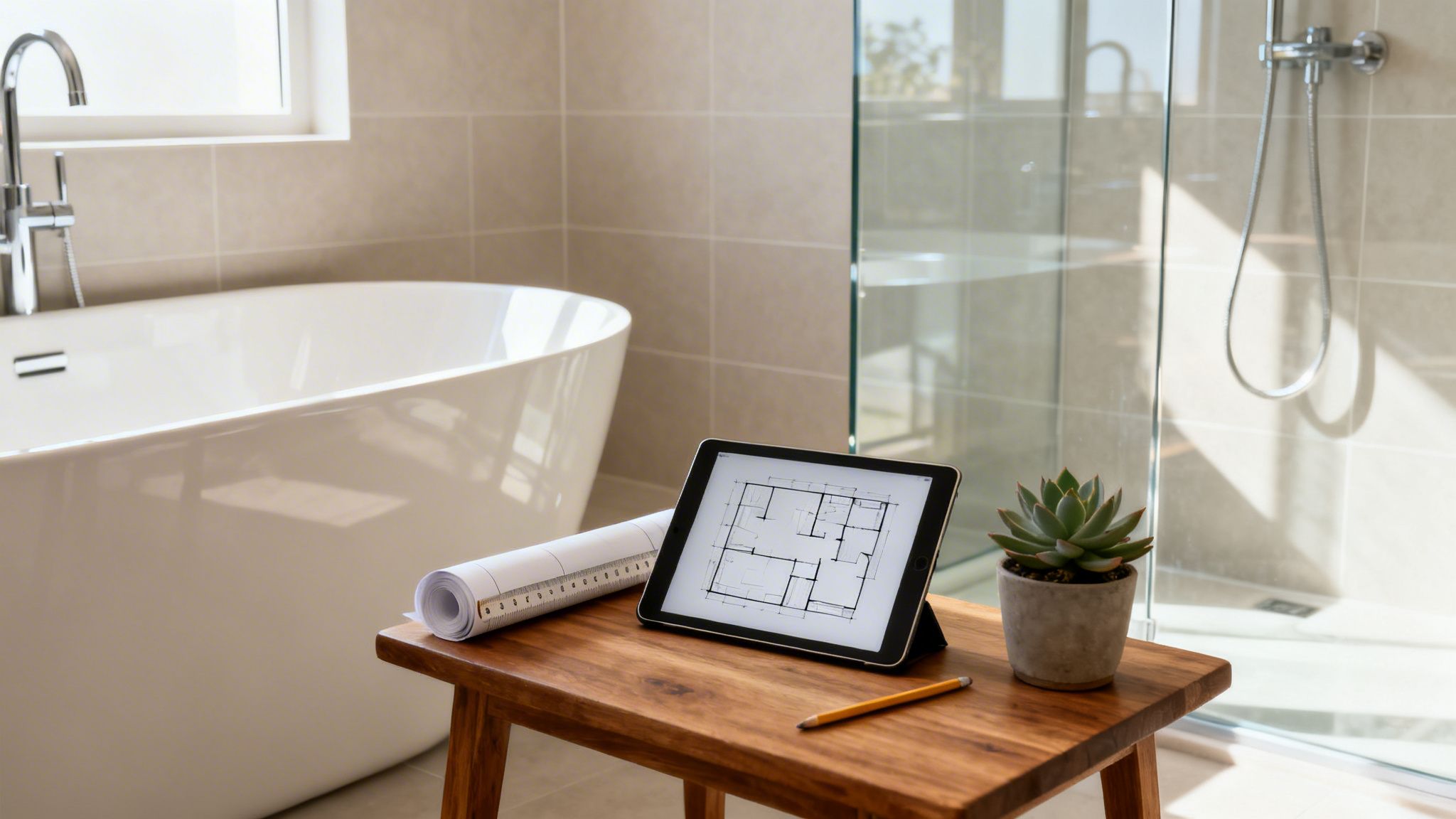 A tablet displaying a floor plan and blueprints on a wooden table in a modern bathroom.