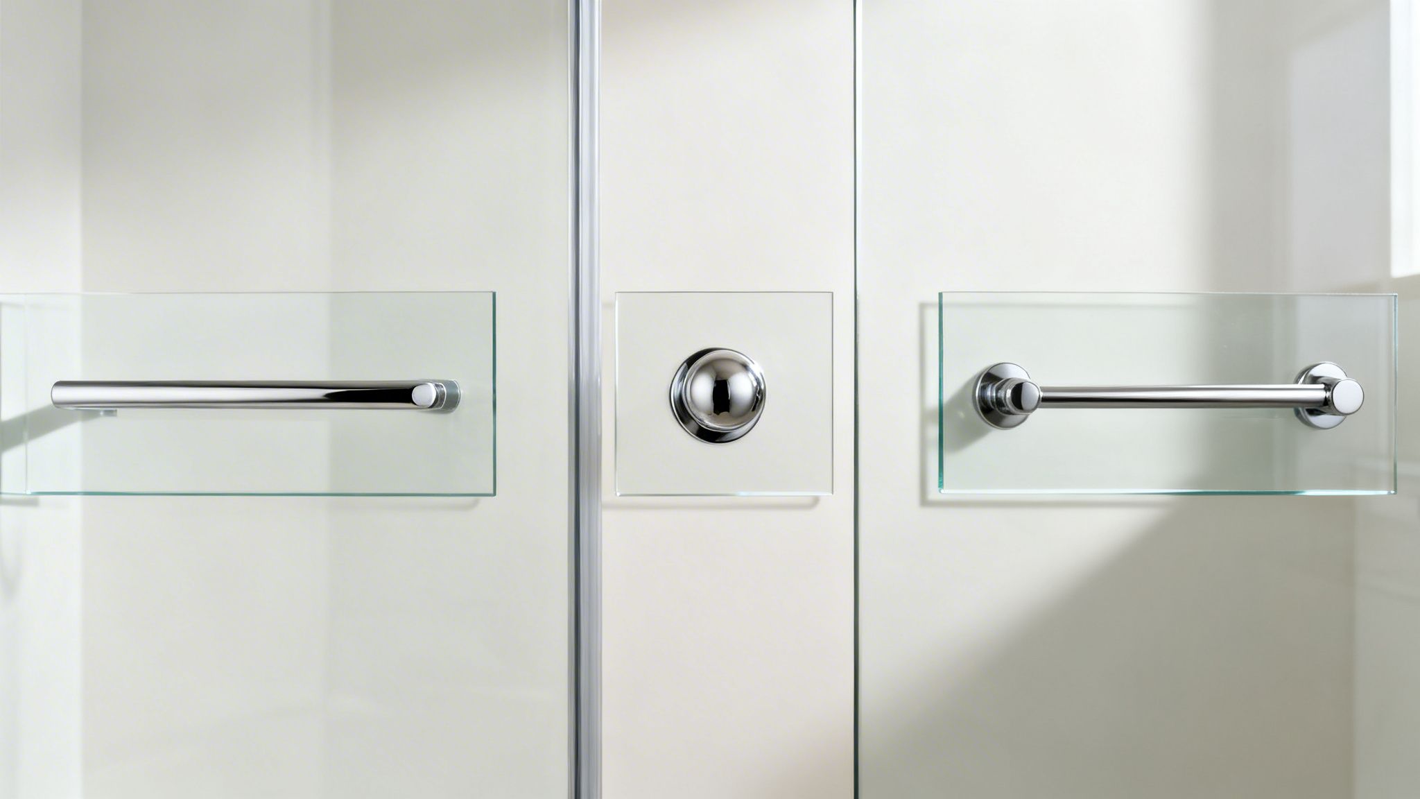 Close-up of a modern shower door featuring various chrome handles on clear glass panels.