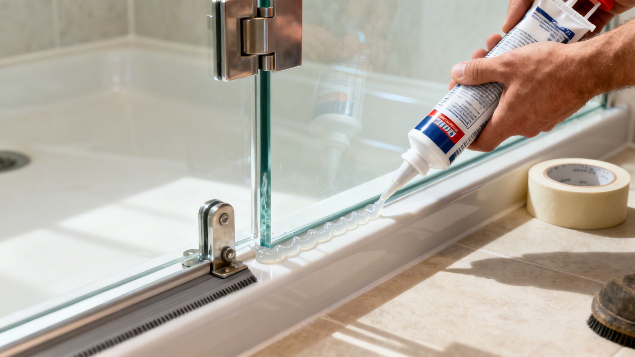 Close-up of a person applying sealant along the base of a frameless glass shower door.