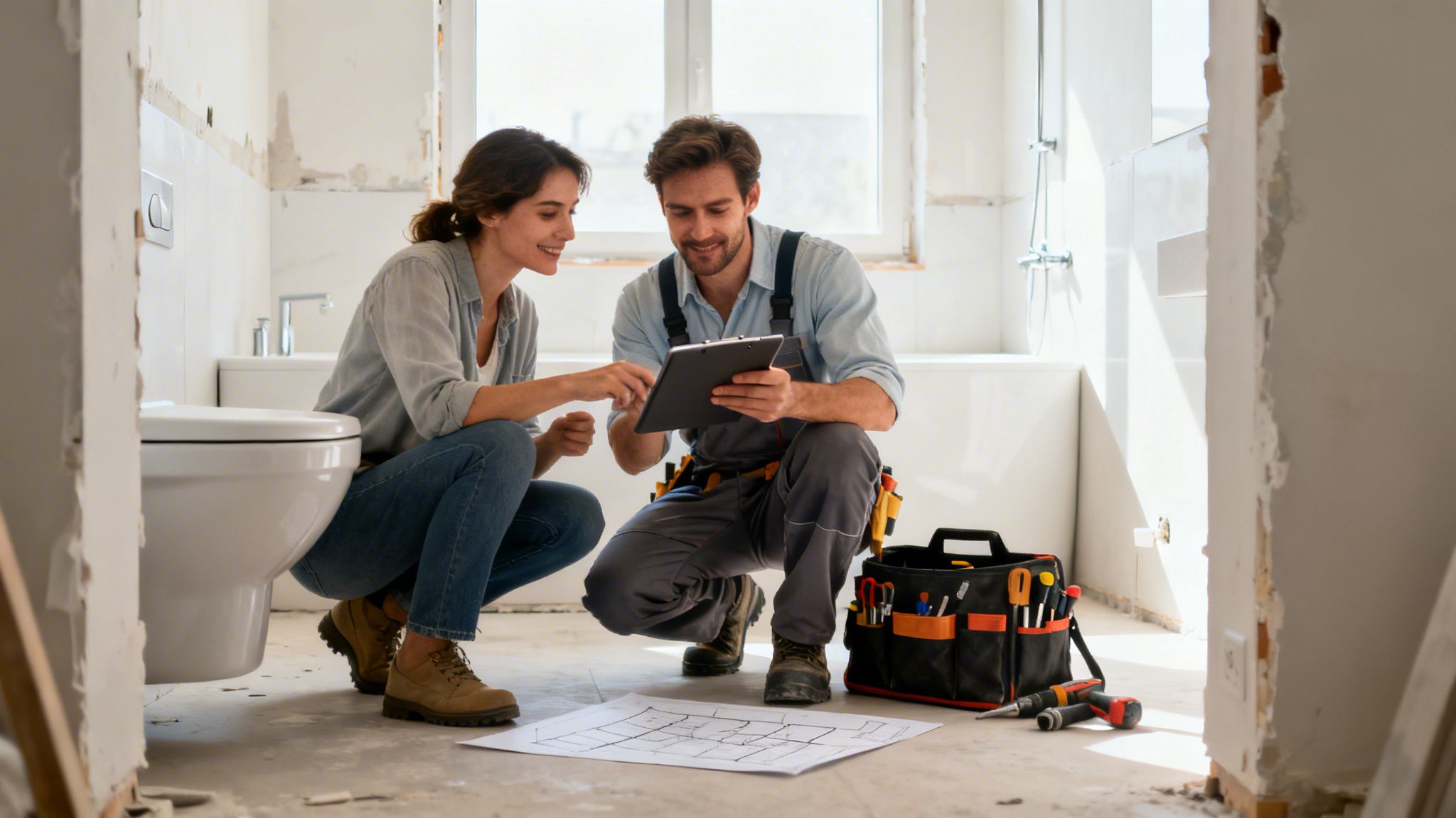 Homeowner and contractor discuss remodel plans in a bathroom under construction, reviewing blueprints.