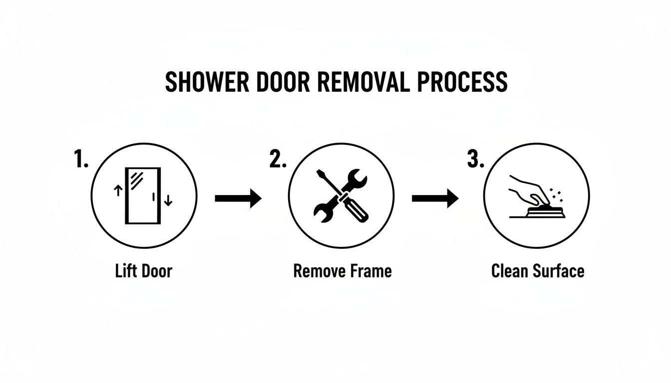 A visual guide illustrating a three-step shower door removal process: lift door, remove frame, then clean surface.