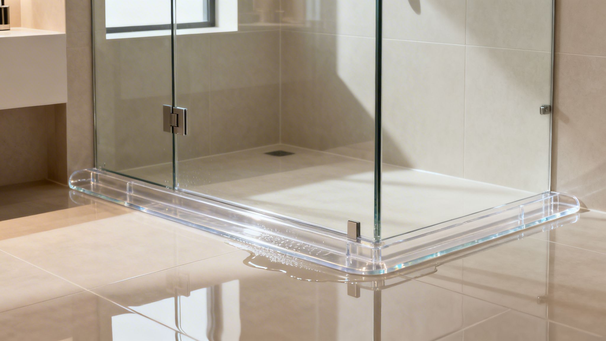 Glass shower enclosure with a clear water guard, visibly leaking water onto the light tiled floor.
