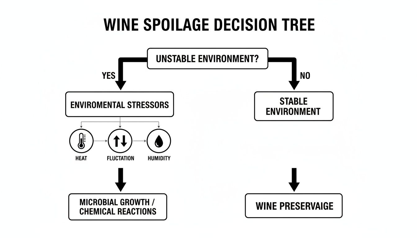 A decision tree illustrating how unstable environments with heat, fluctuation, and humidity lead to wine spoilage.