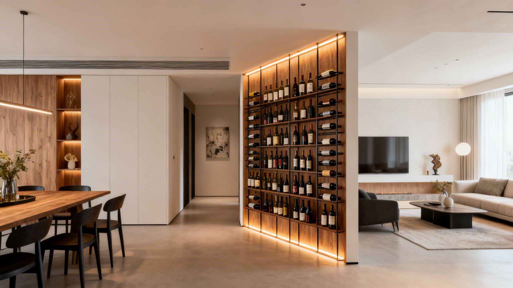 A modern open-plan interior featuring a dining table, an illuminated wine cellar wall, and a spacious living room.