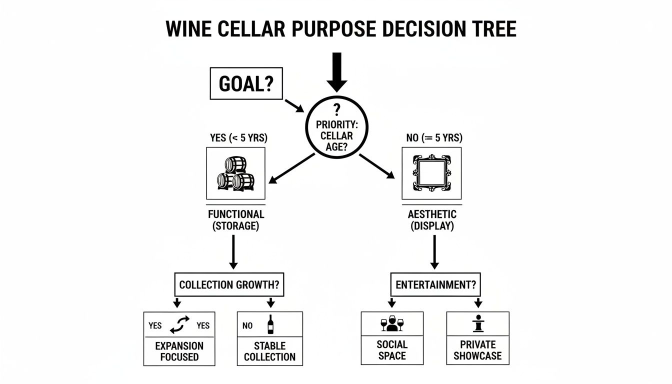 A decision tree flow chart for defining a wine cellar's purpose based on cellar age priority and collection goals.
