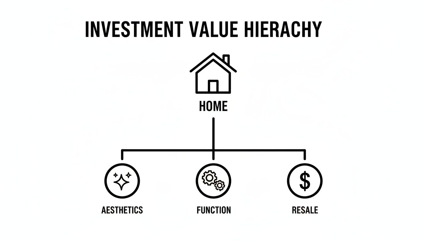 A diagram illustrating the investment value hierarchy for a home, detailing aesthetics, function, and resale factors.