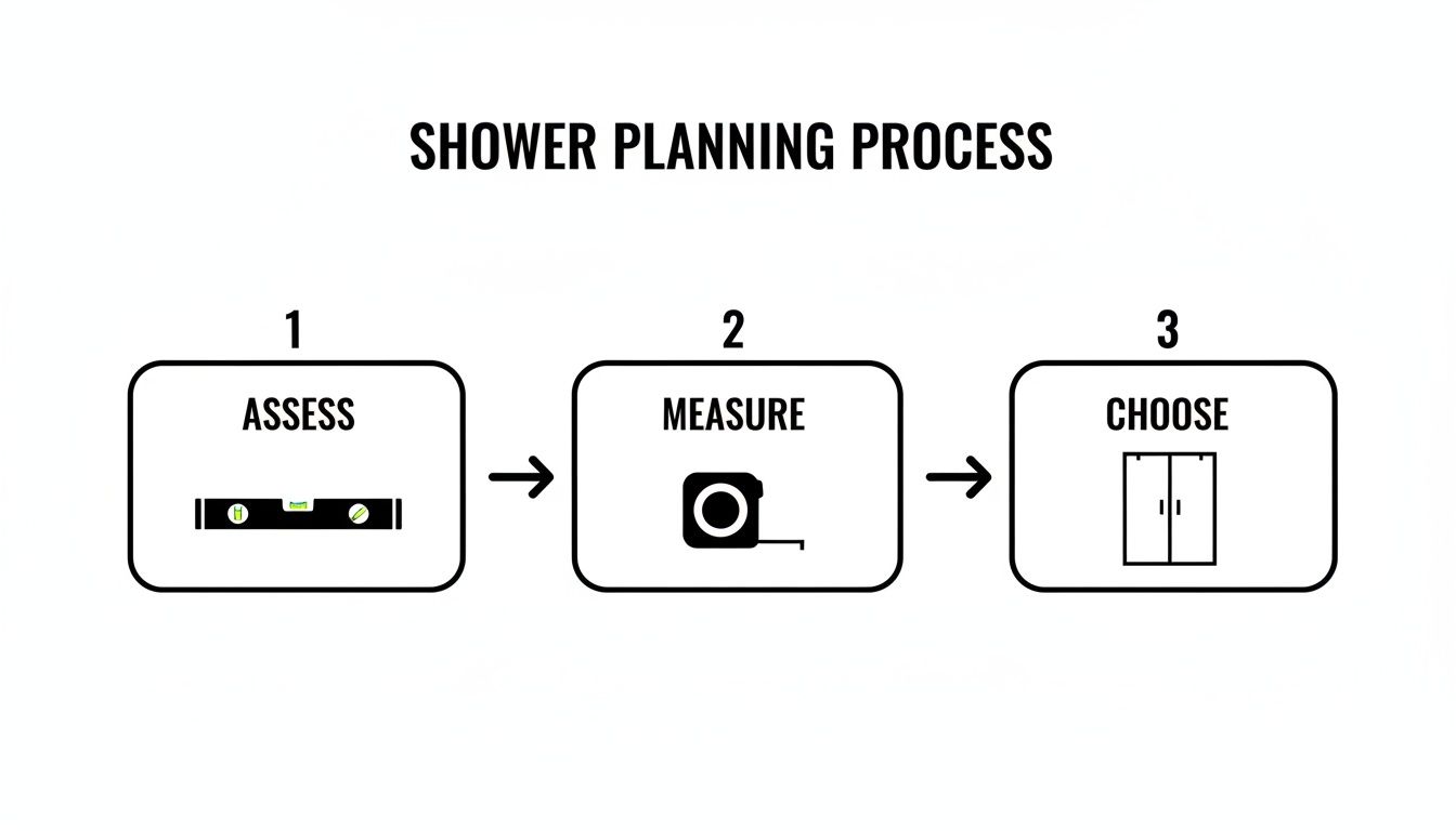 A diagram illustrating the three-step shower planning process: assess, measure, and choose.