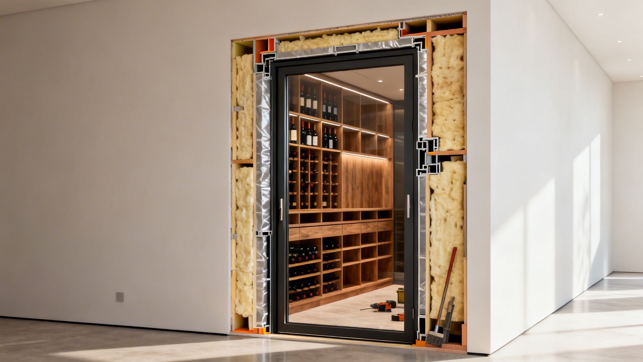 Cross-section of a wall revealing an insulated wine cellar with a glass door, filled with wine bottles.