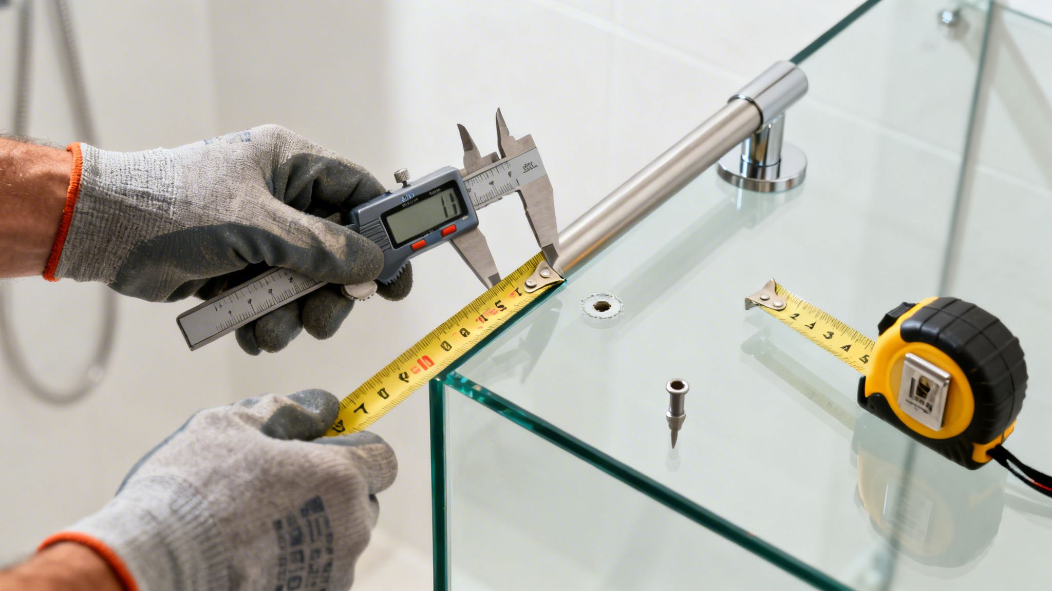 Hands in gloves measuring a glass panel for a towel bar installation with a digital caliper and tape measure.