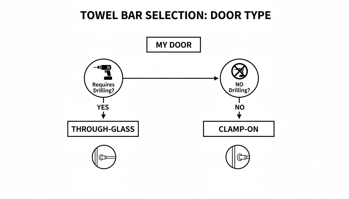 Flowchart for selecting a towel bar: drilling required for through-glass, no drilling for clamp-on.