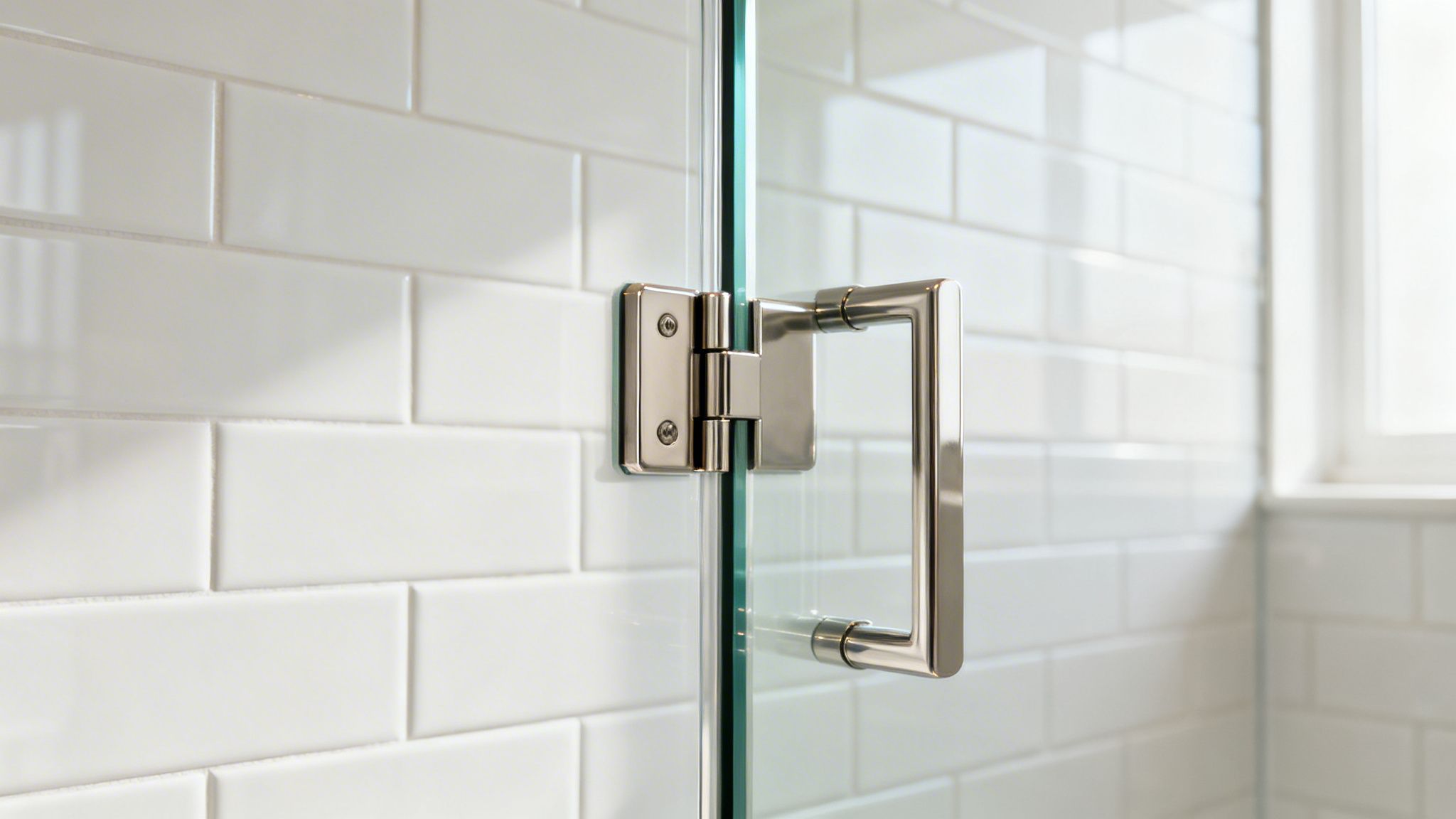 Modern glass shower door featuring sleek metal hardware against a white subway tile wall.