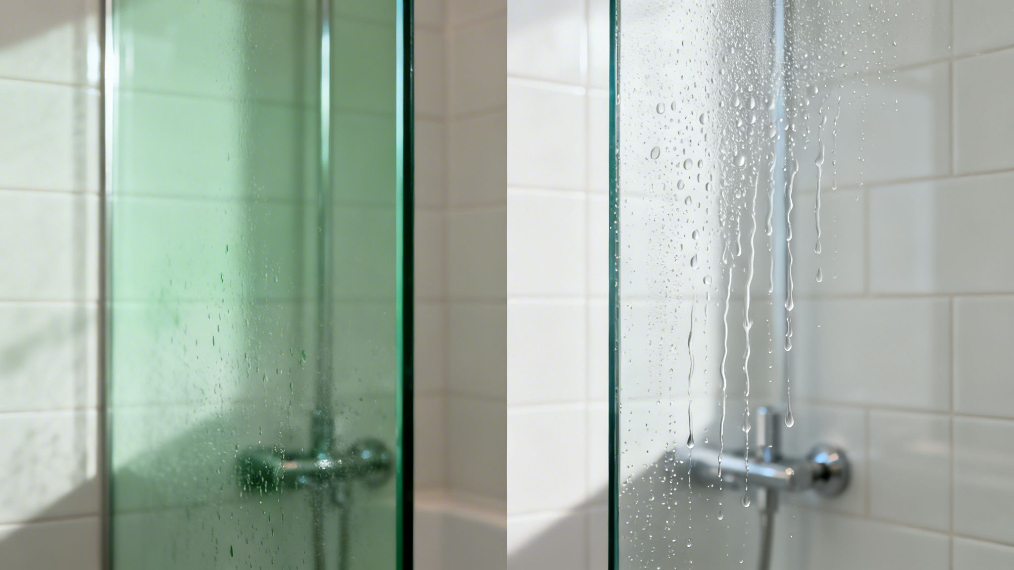 Two panels of shower glass, one green-tinted with small droplets, the other clear with streaks of water.