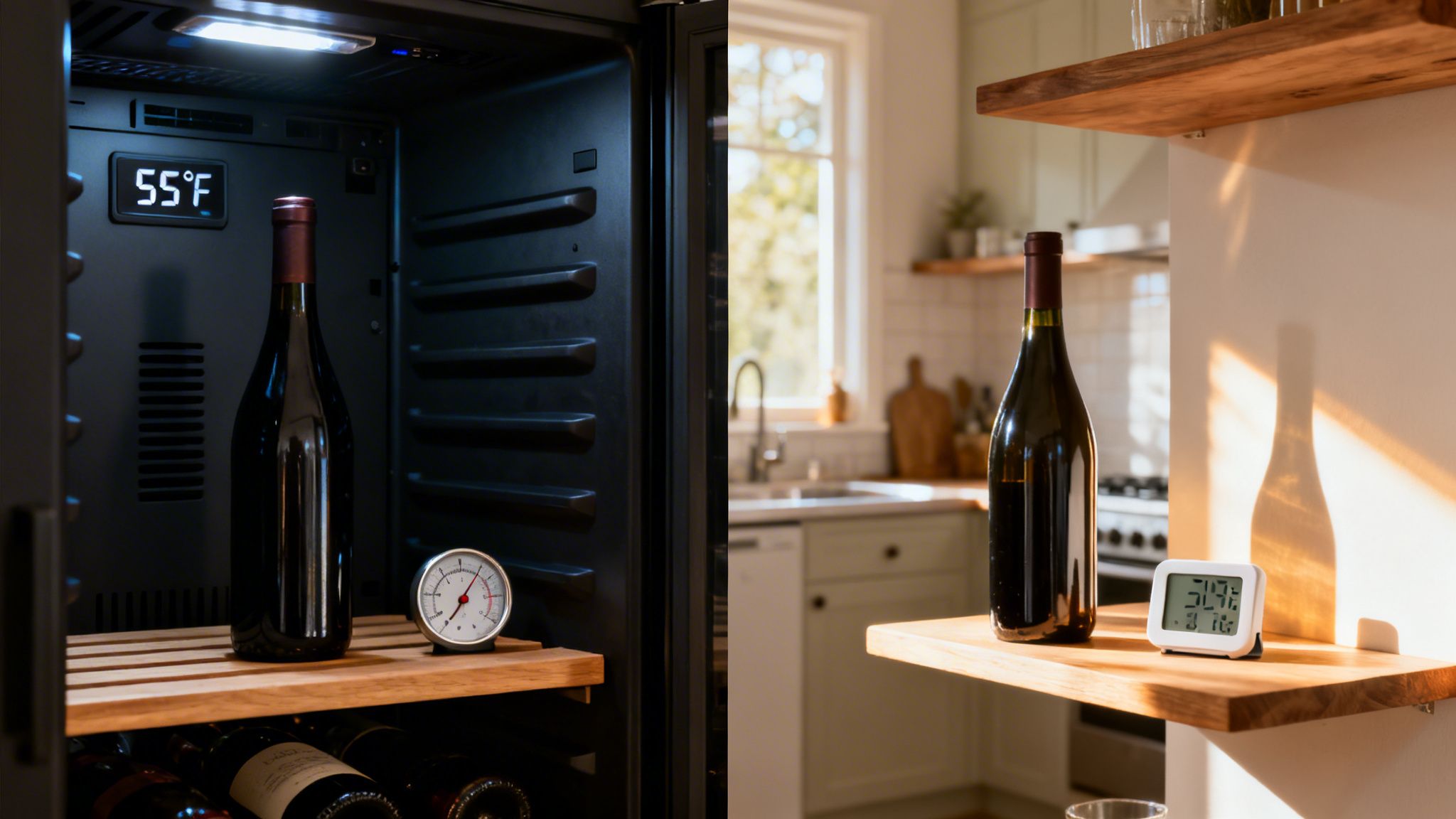 A wine bottle in a cooler at 55°F contrasts with one in a warm kitchen at 74°F.