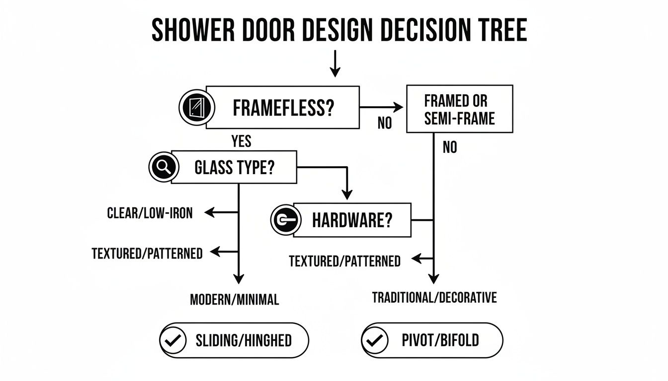 A decision tree flowchart outlining choices for shower door design based on style and features.