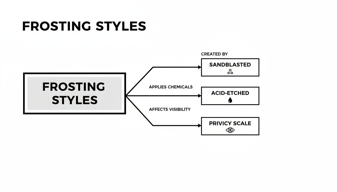 Flowchart illustrating various frosting styles, including sandblasted and acid-etched, and their effect on privacy.