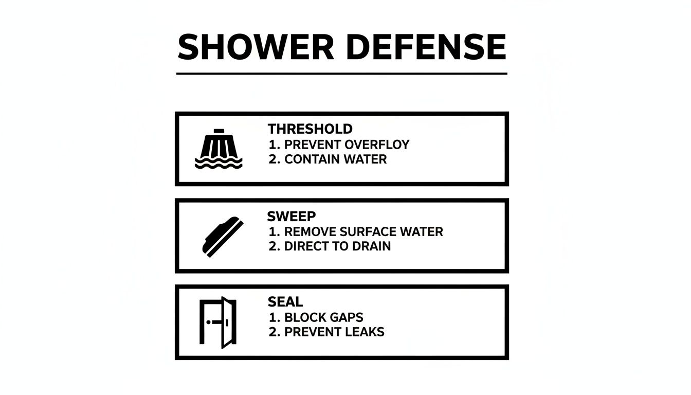 An infographic detailing shower defense strategies with threshold, sweep, and seal mechanisms to prevent water overflow and leaks.