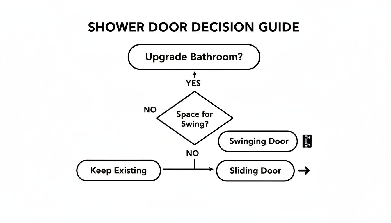 A shower door decision guide flowchart showing options for swinging, sliding, or keeping existing doors.
