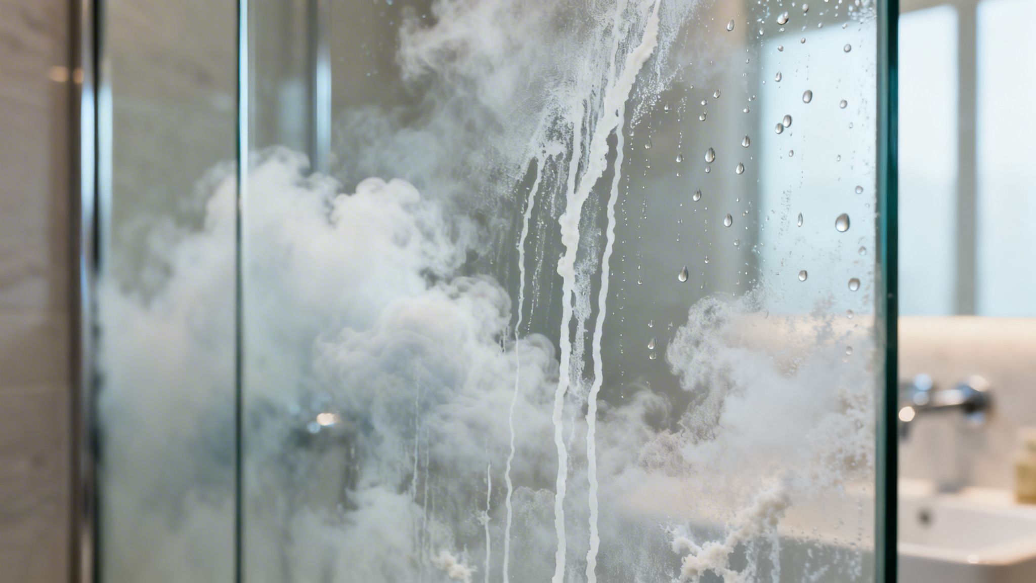 A close-up of a steamy shower door with water drops and white streaks, showing hard water residue.