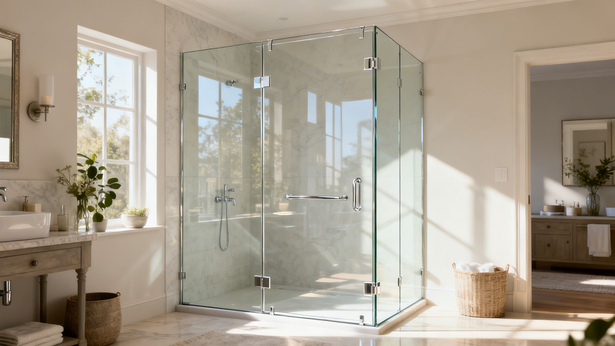 Bright, luxurious bathroom with a spacious walk-in shower featuring clear swinging glass doors.