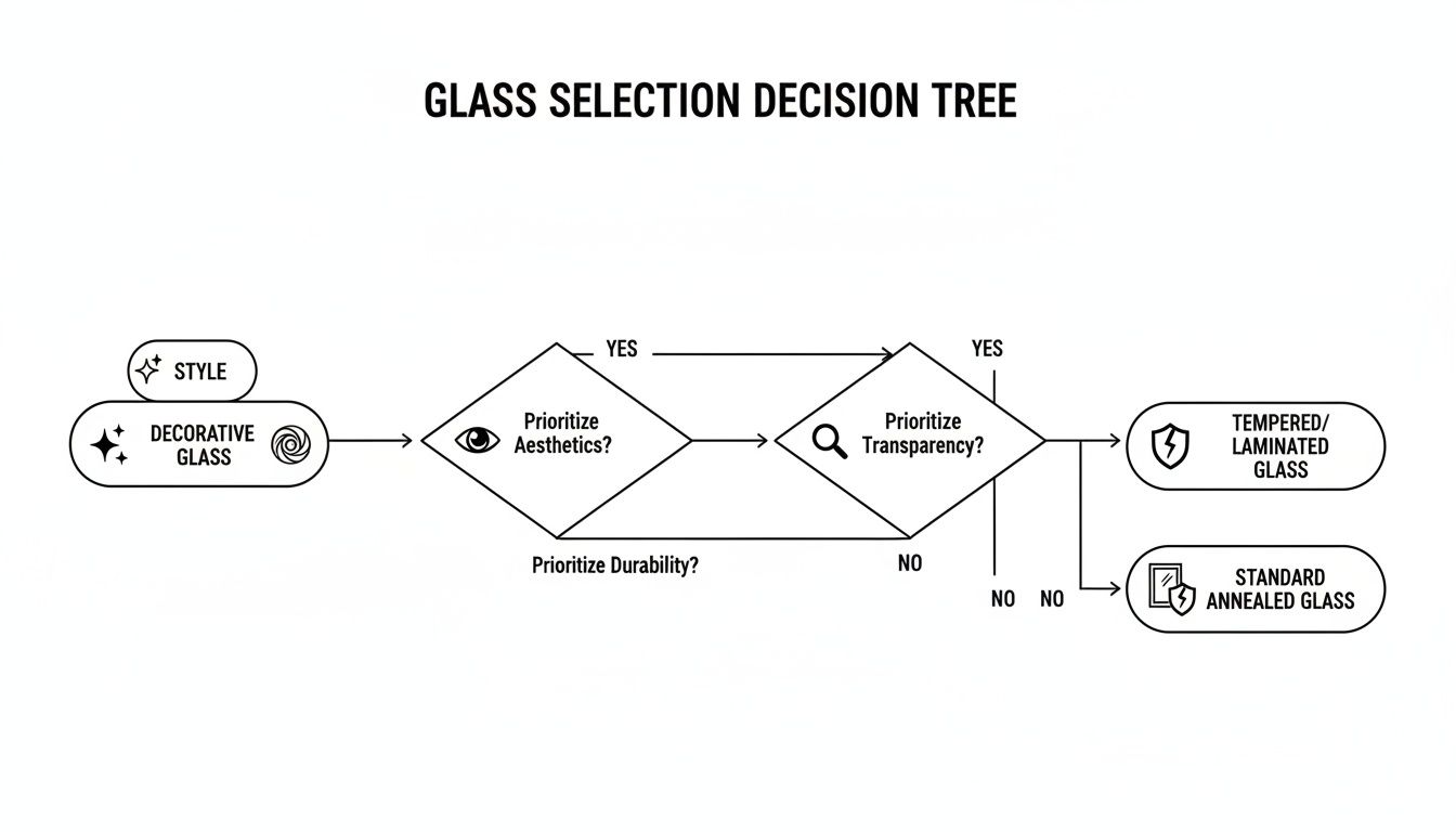 A glass selection decision tree flowchart for choosing between decorative, standard, tempered, or laminated glass.