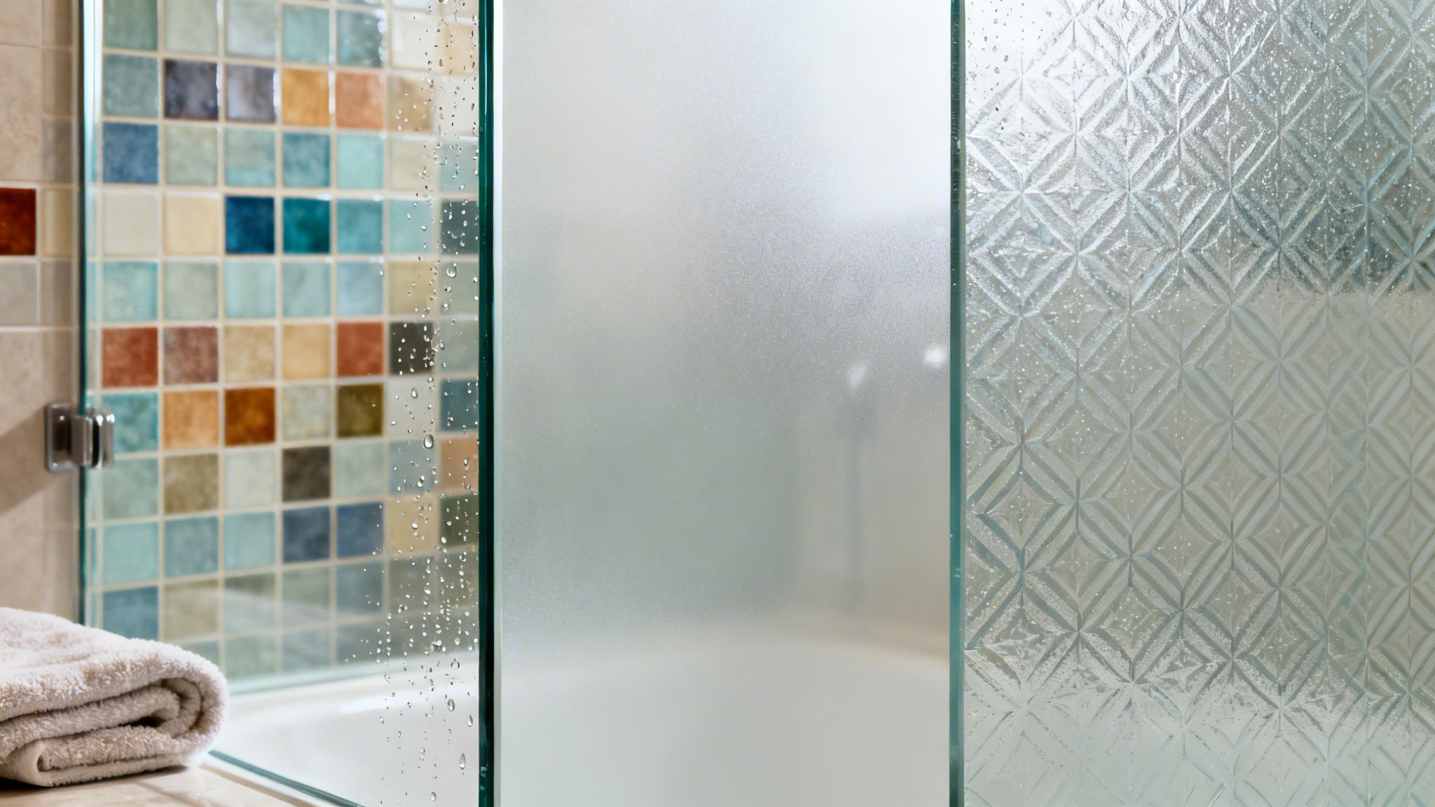 Close-up of a modern shower featuring various glass panels, including clear with water droplets, frosted, and decorative patterned designs.