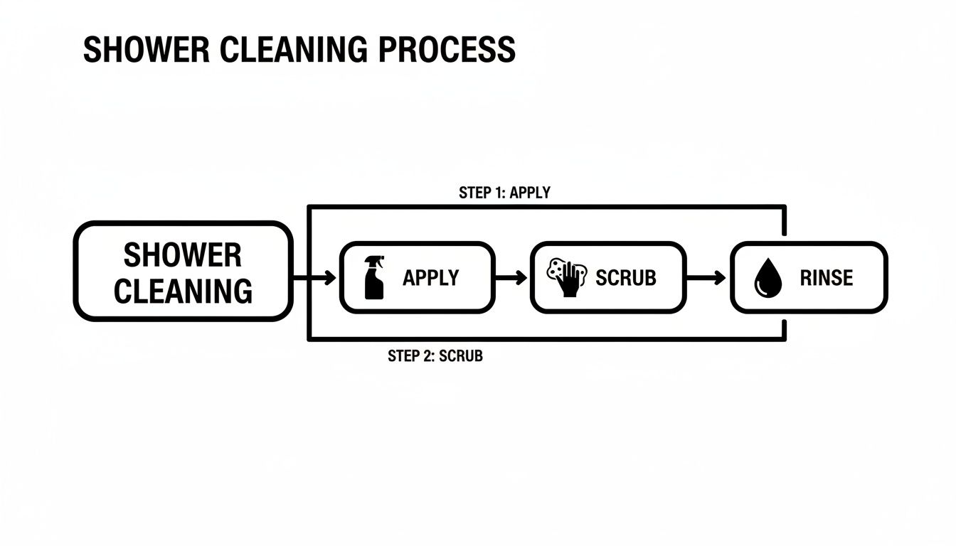 A visual flowchart detailing the shower cleaning process: apply, scrub, and rinse.
