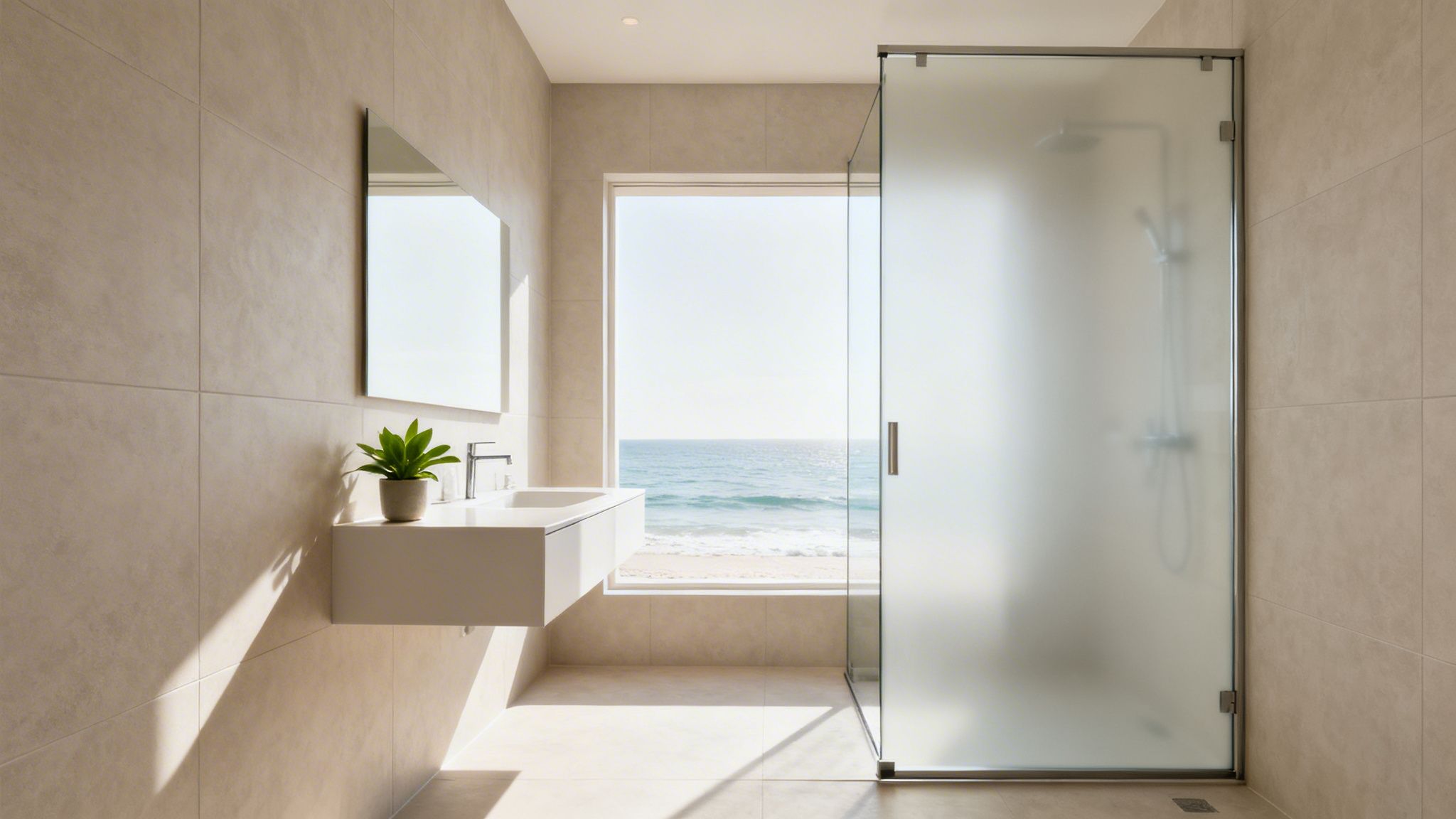 Bright modern bathroom with ocean view, featuring a floating vanity, mirror, and frosted glass shower.